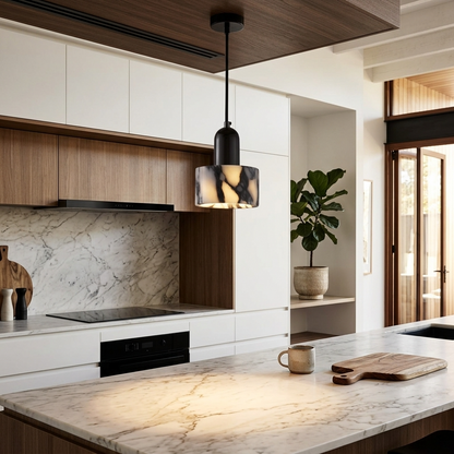 Elara Haus Marble-Effect Cylindrical Pendant Light