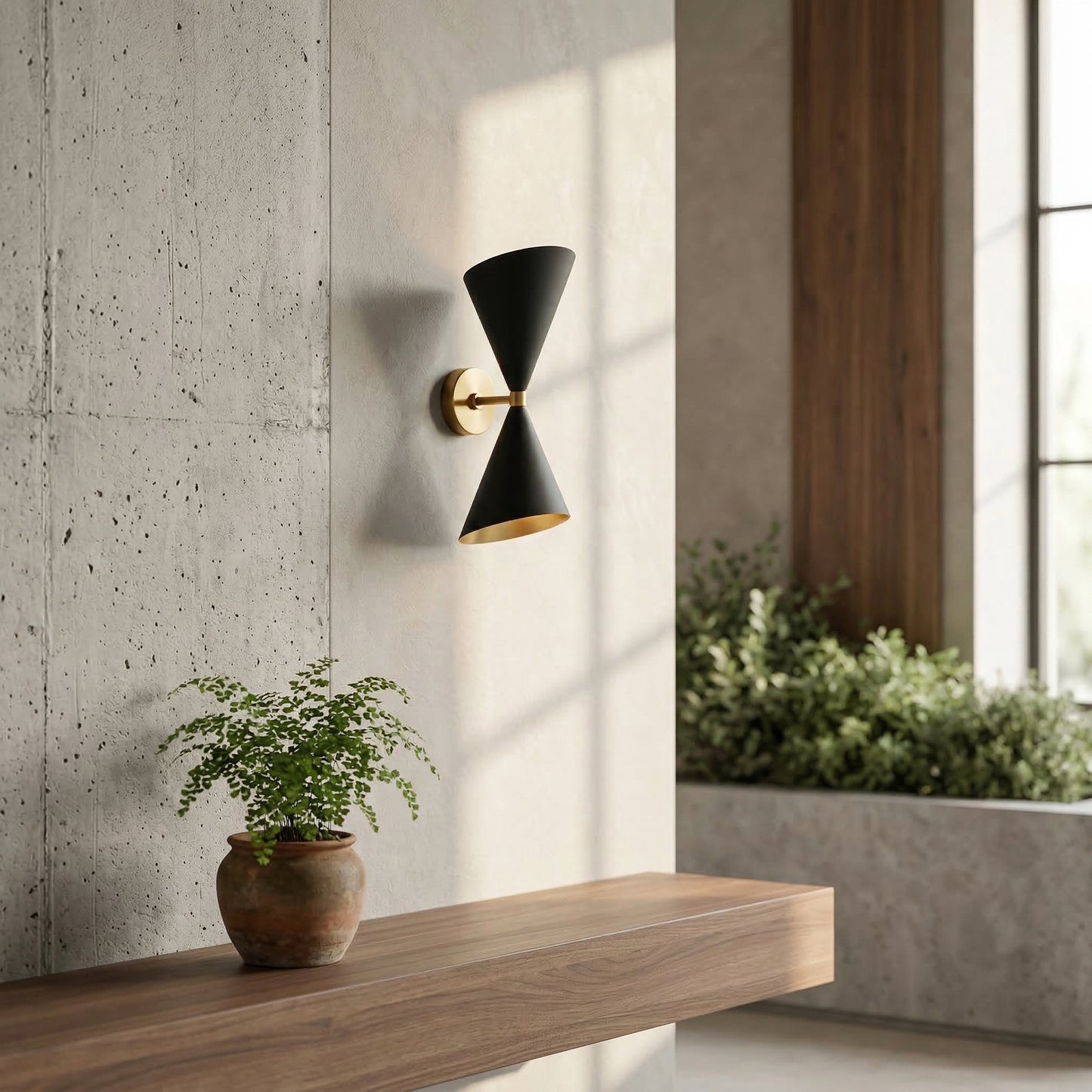 Elara Haus Mid-Century Matte Black & Brass Cone Wall Sconce