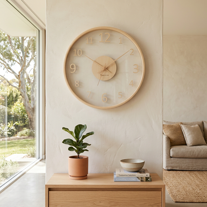Elara Haus Minimalist Glass Wall Clock with Wooden Frame