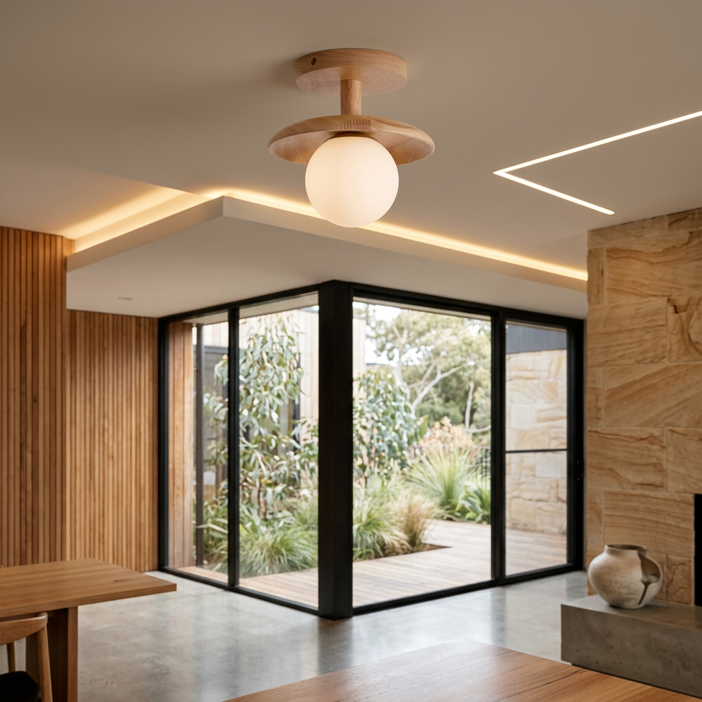 Elara Haus Minimalist Scandi Wooden Flush Mount Ceiling Light