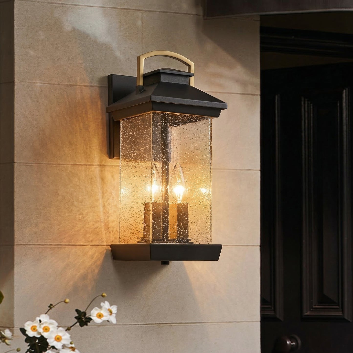 Elara Haus Modern Black & Gold Seeded Glass Outdoor Sconce