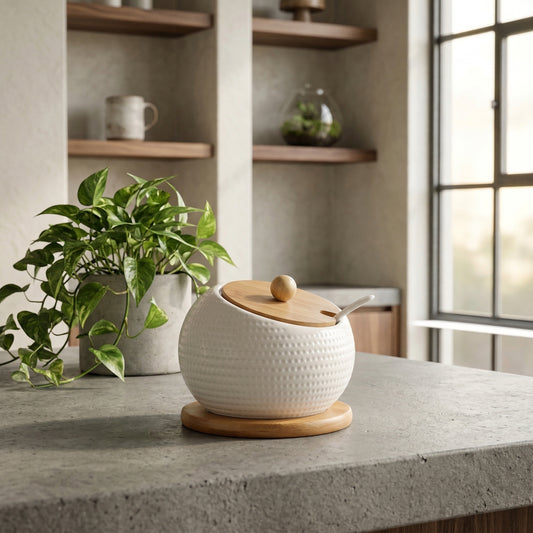 Elara Haus Modern Dimpled Ceramic Sugar Bowl with Bamboo Lid