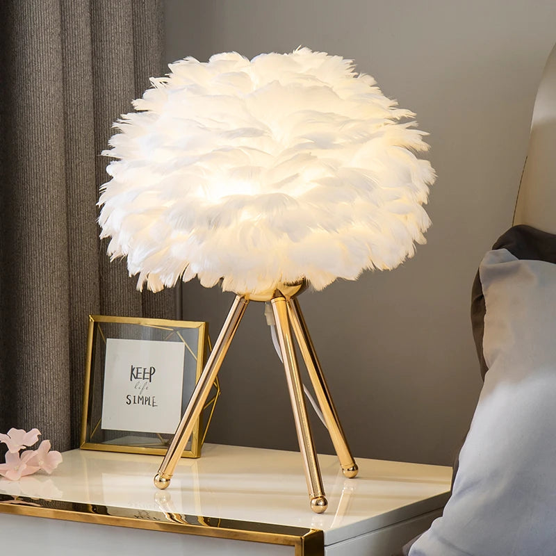 Exclusive Feather Table Lamp – Decorative Tripod Lamp with Gold Base 0