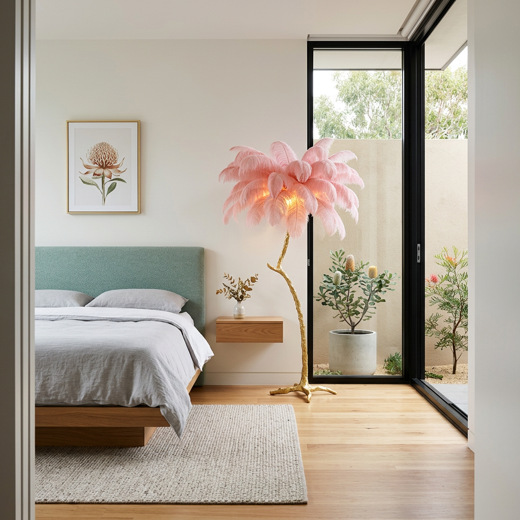 Elara Haus Modern Gilded Bloom – Minimalist Pink Plume Botanical Floor Lamp
