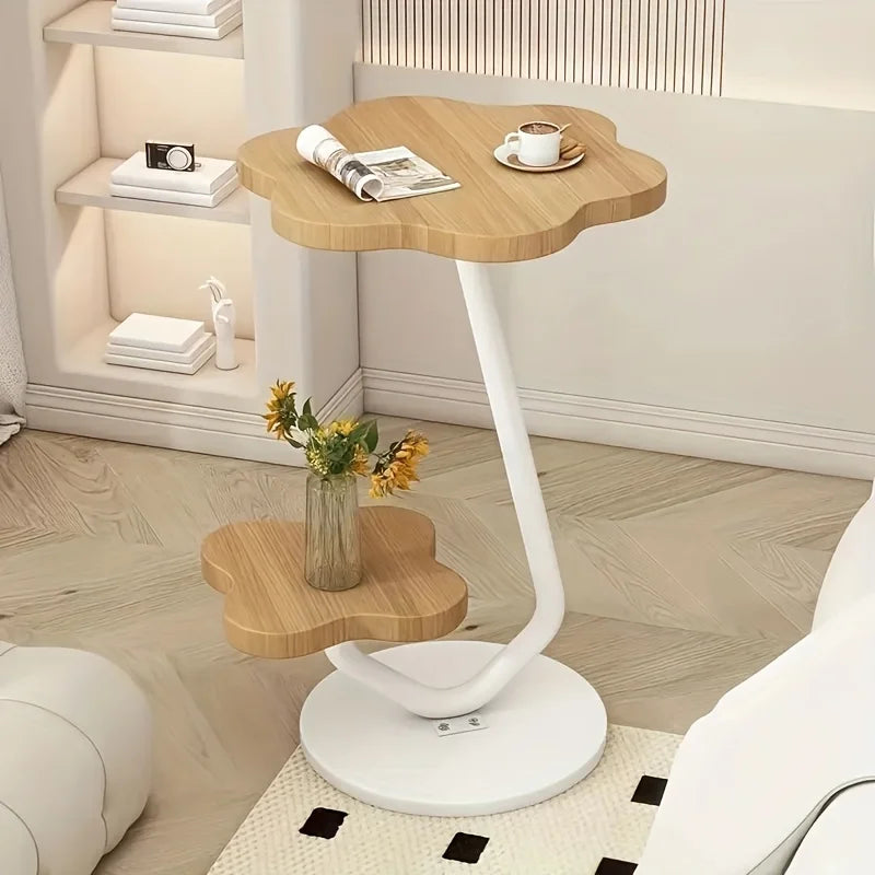 Marentha - Cream-colored Flower-shaped Side Table with Double Storage Layers and Metal Frame 0