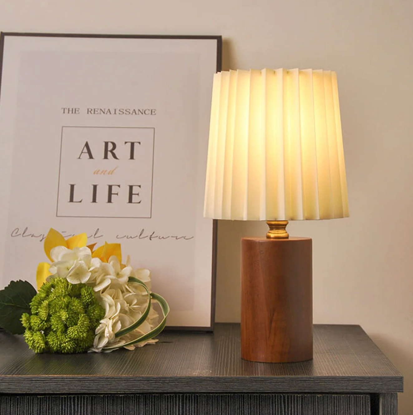A modern table lamp with a wooden base and a pleated shade – a Scandinavian-style bedside lamp 1