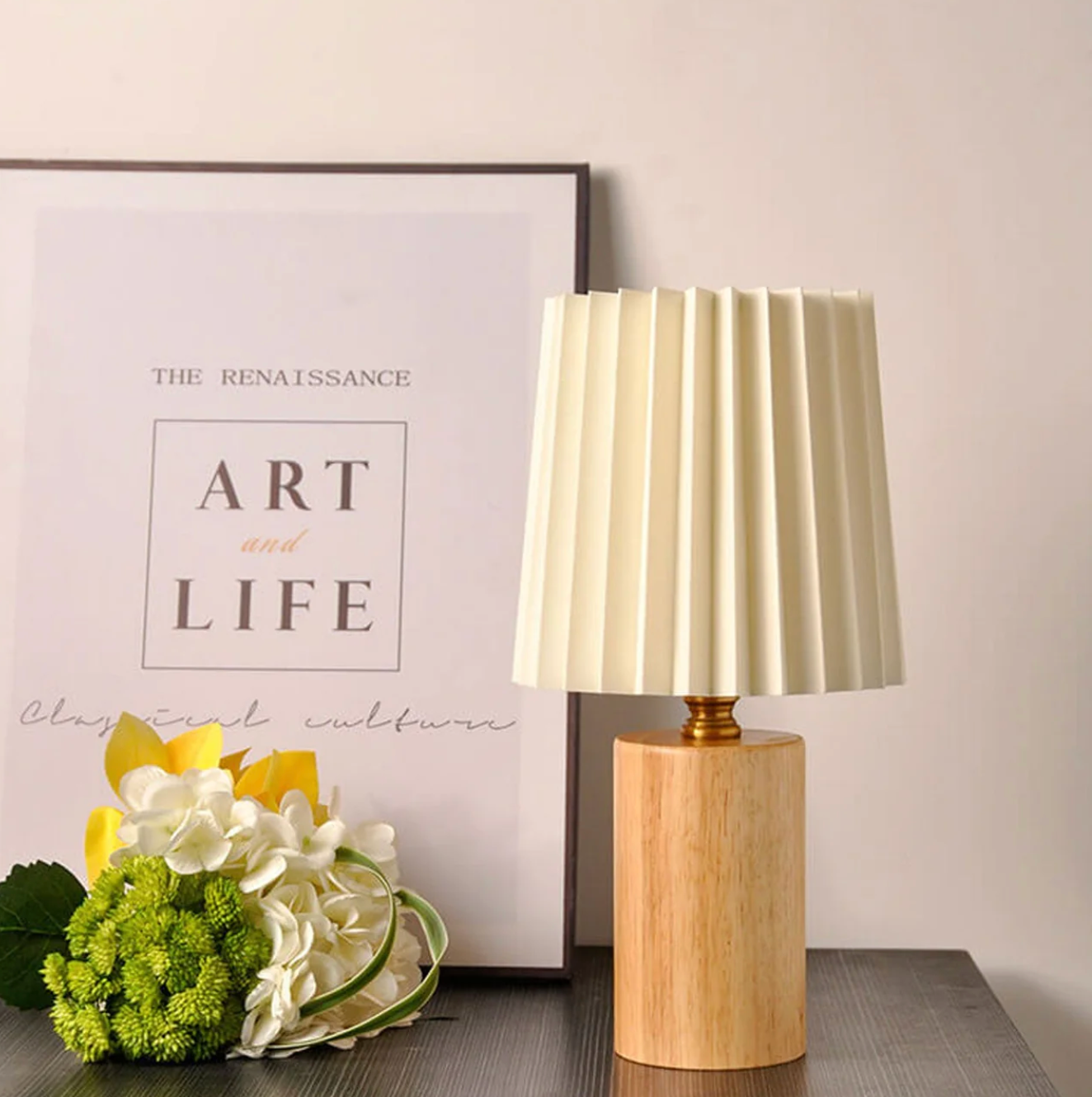 A modern table lamp with a wooden base and a pleated shade – a Scandinavian-style bedside lamp 3