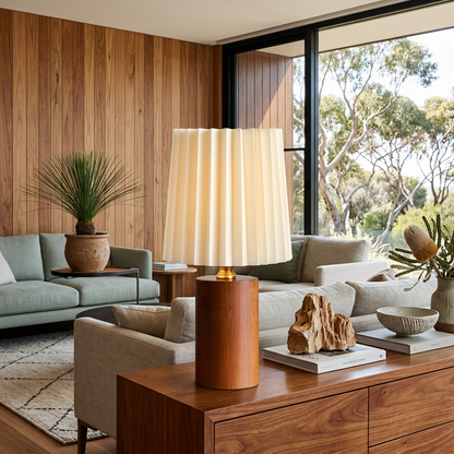 Elara Haus Modern Wooden Base Pleated Bedside Lamp