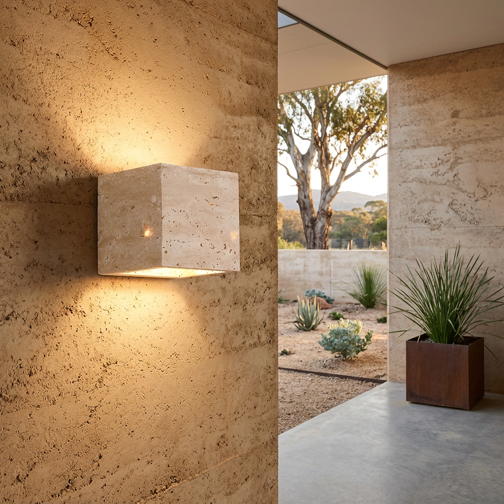 Elara Haus Natural Travertine Cube Wall Sconce