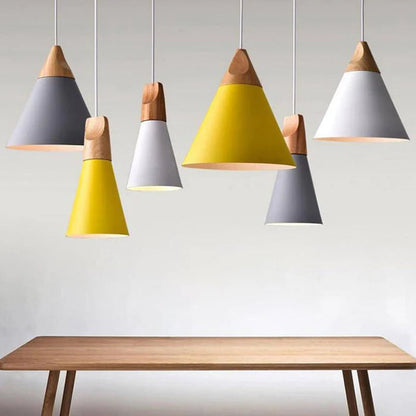 Scandinavian hanging lamps – colorful cones made of wood and metal 1