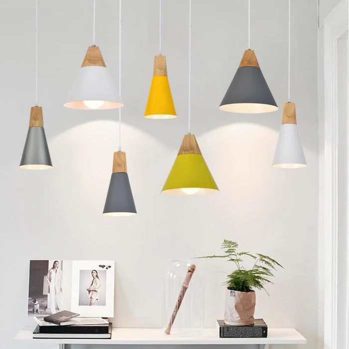Scandinavian hanging lamps – colorful cones made of wood and metal 2