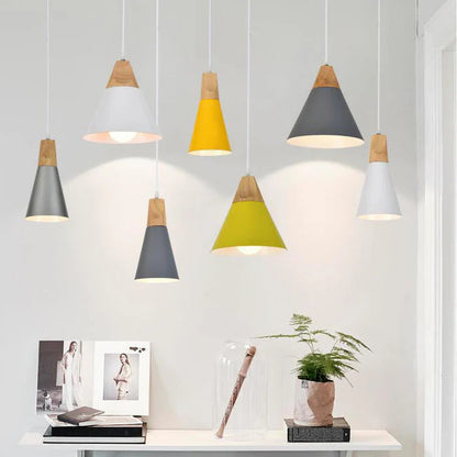 Scandinavian hanging lamps – colorful cones made of wood and metal 2