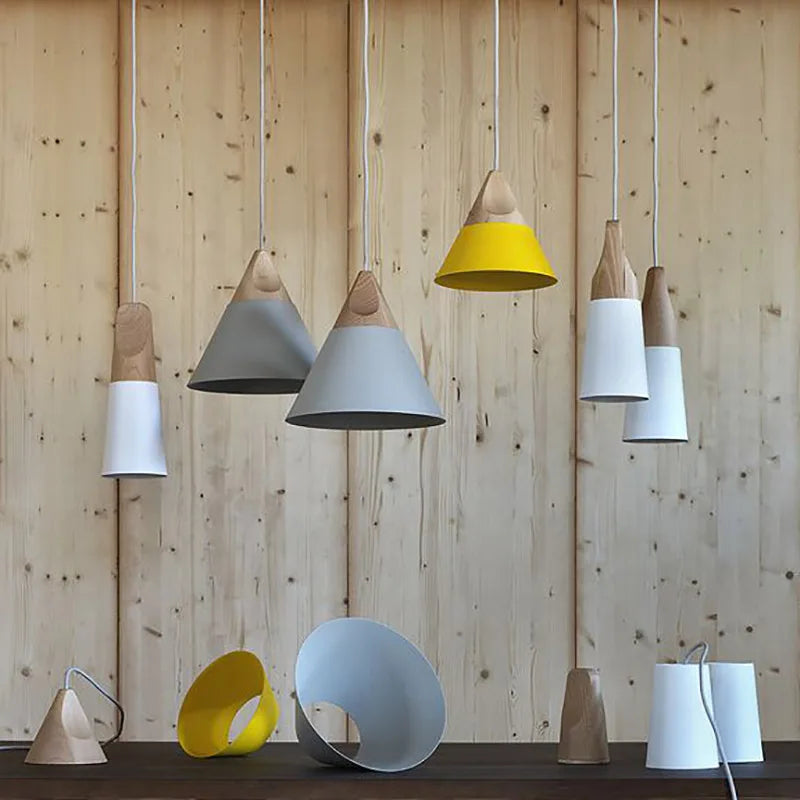 Scandinavian hanging lamps – colorful cones made of wood and metal 3