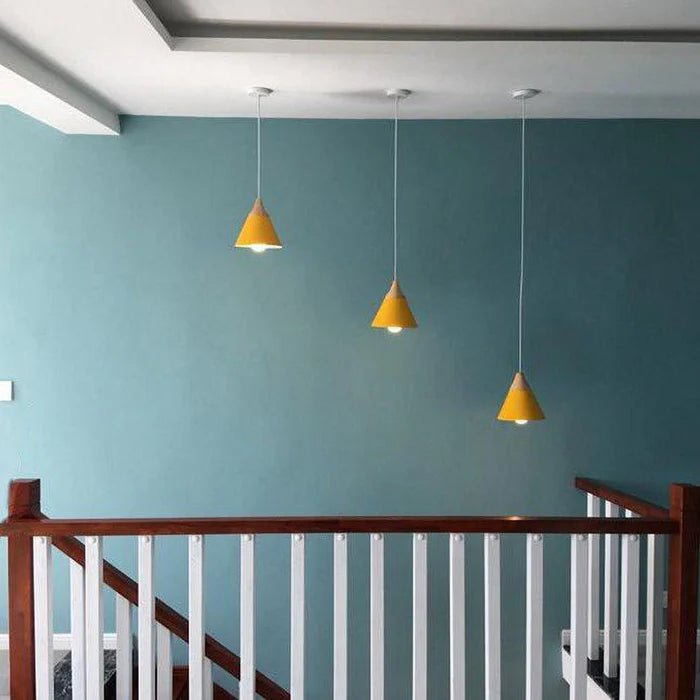 Scandinavian hanging lamps – colorful cones made of wood and metal 5