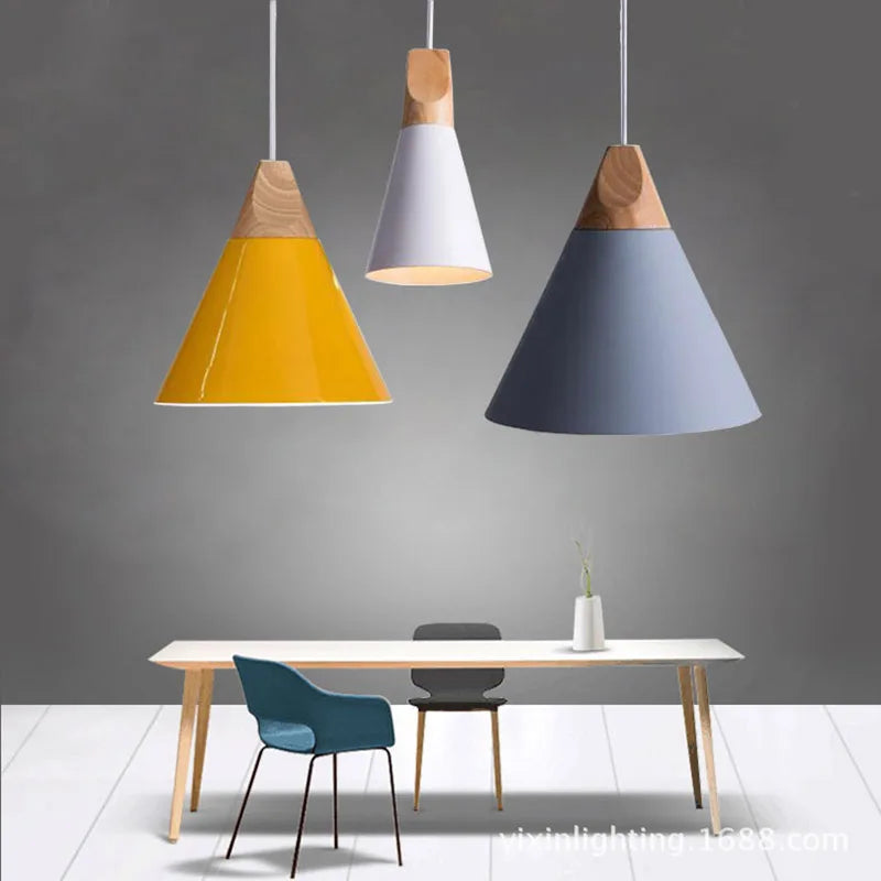 Scandinavian hanging lamps – colorful cones made of wood and metal 6