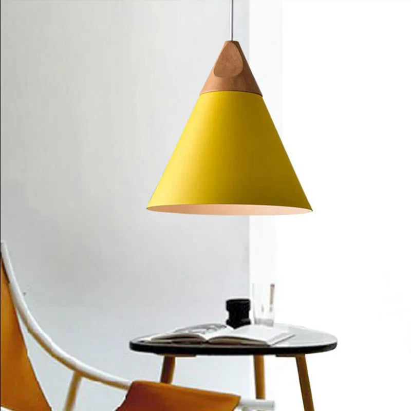 Scandinavian hanging lamps – colorful cones made of wood and metal 7