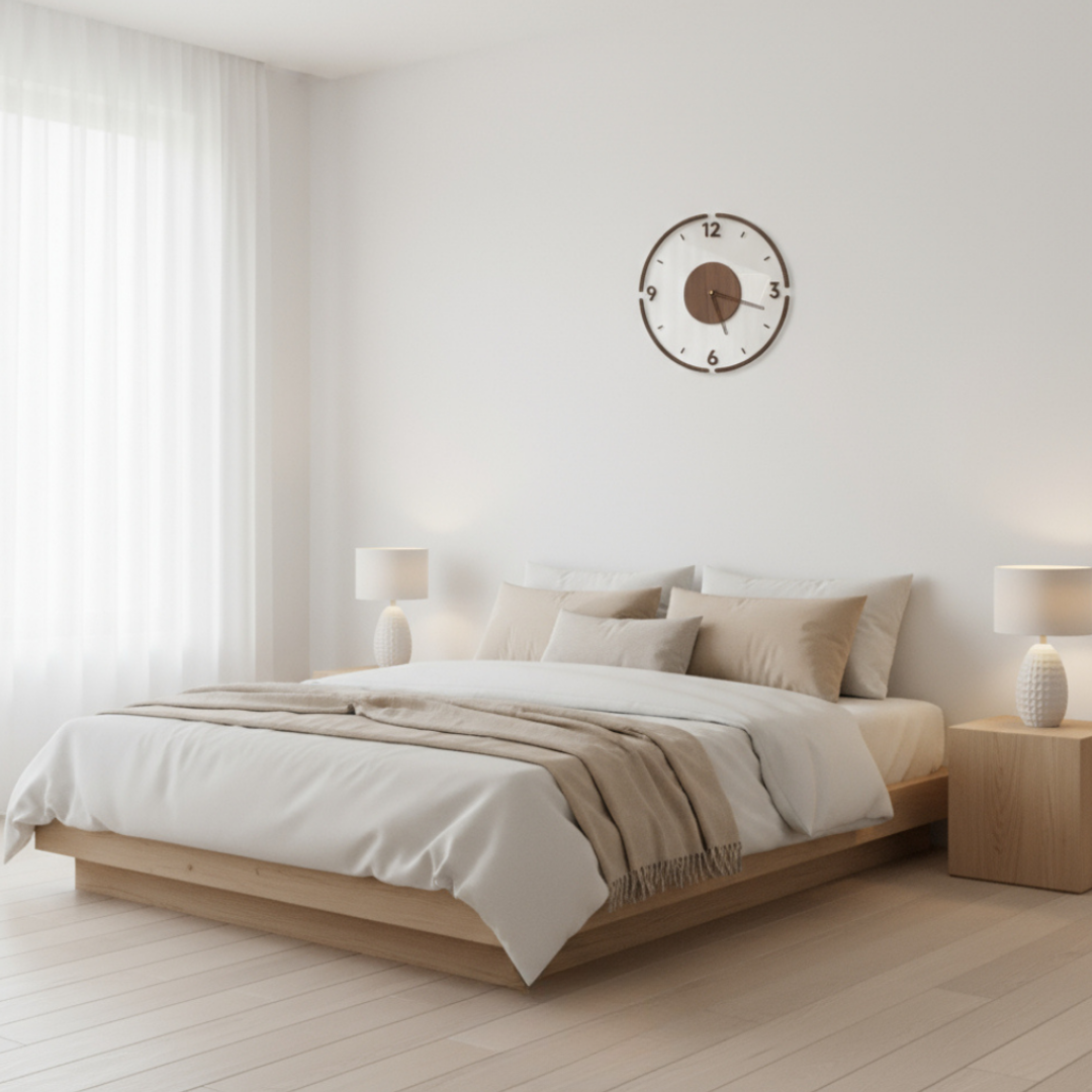 Elara Haus Norwegian Wood & Glass Silent Wall Clock – Walnut Finish