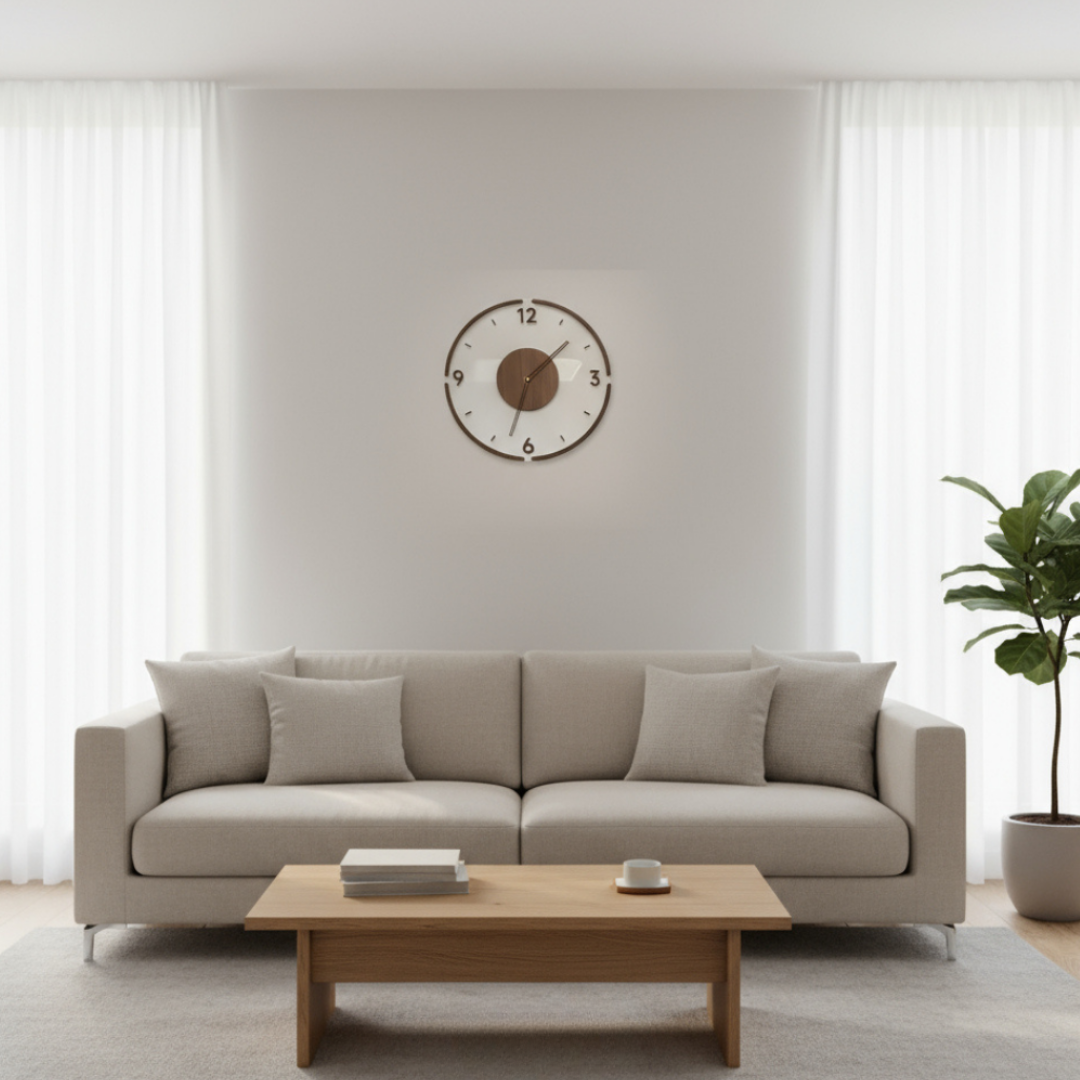 Elara Haus Norwegian Wood & Glass Silent Wall Clock – Walnut Finish
