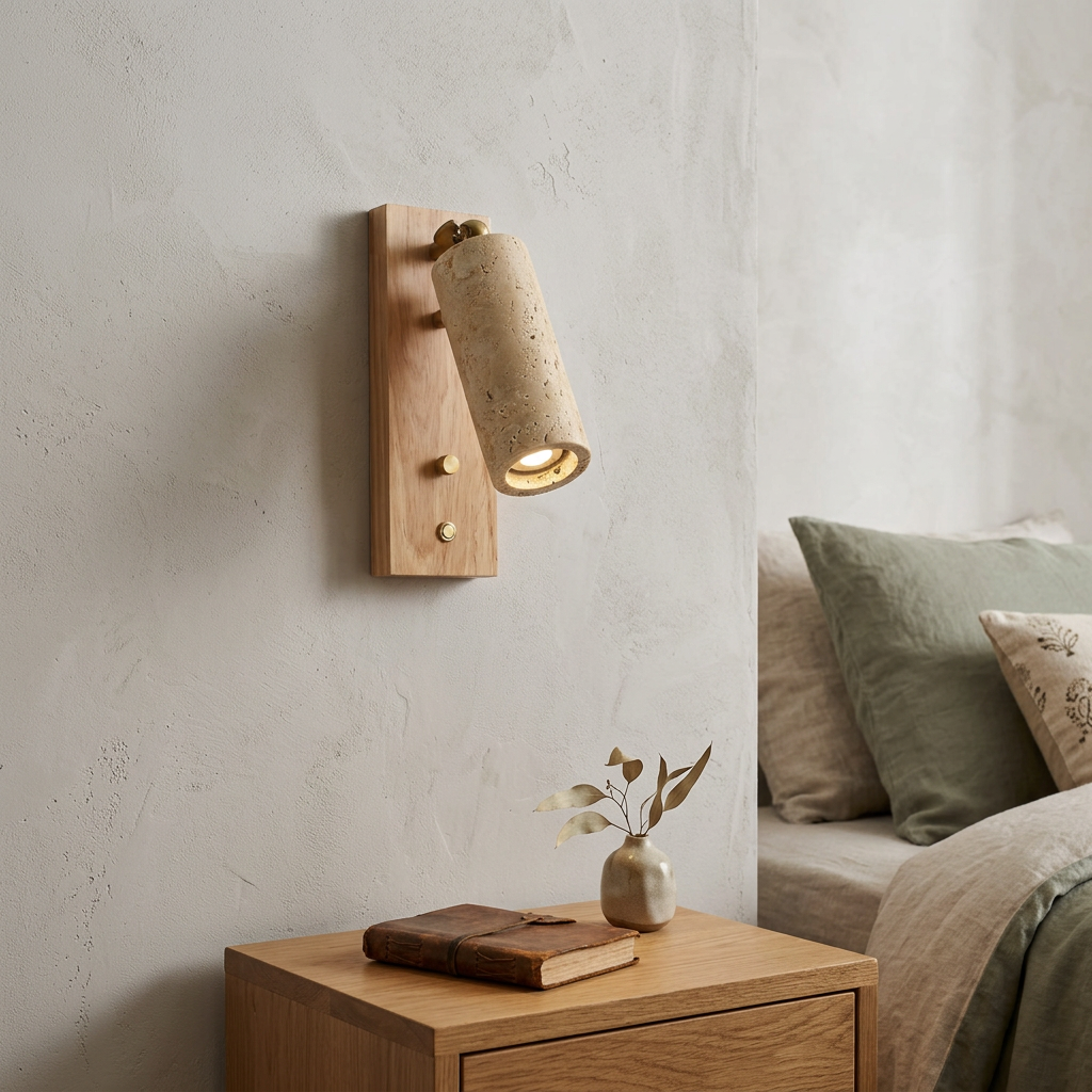 Elara Haus Organic Travertine & Timber Adjustable Wall Spotlight