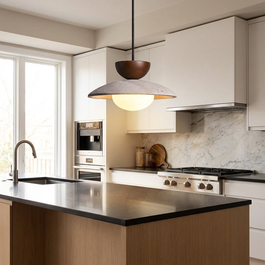 Elara Haus Pendant Light - Wood and Travertine Kitchen Pendant Lighting