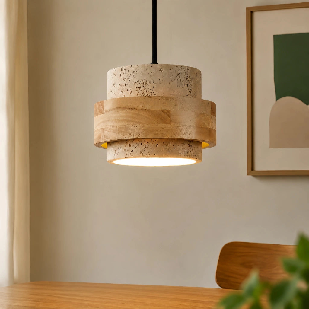 Orvina Wabi-Sabi Natural Travertine Cylinder Pendant Light - Japandi Stone Kitchen Island 6