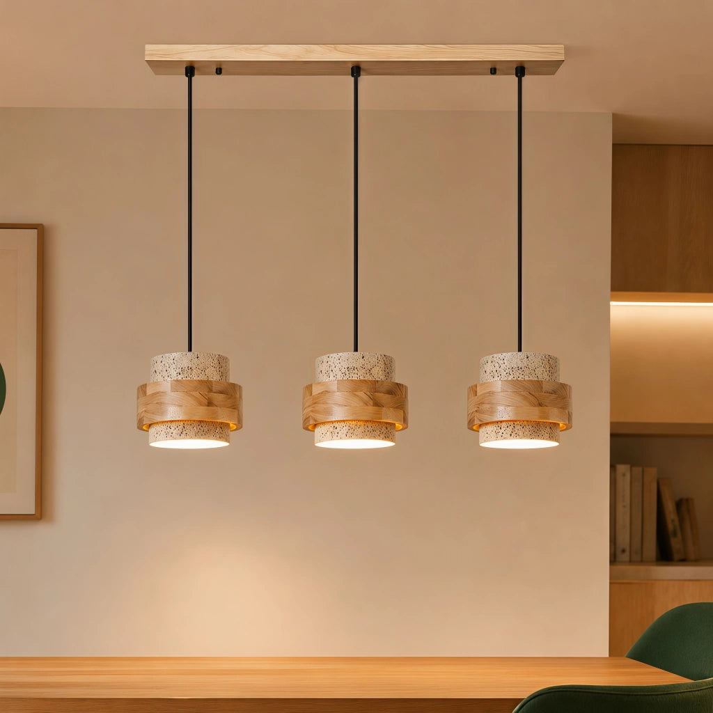 Orvina Wabi-Sabi Natural Travertine Cylinder Pendant Light - Japandi Stone Kitchen Island 10