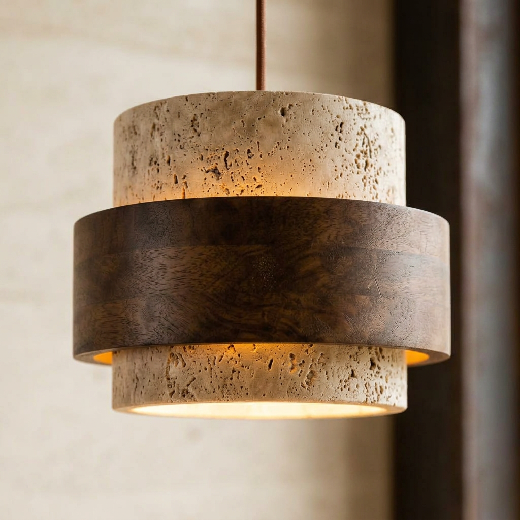 Elara Haus Pitted Stone Pendant Lamp with Concentric Wood Ring Accent