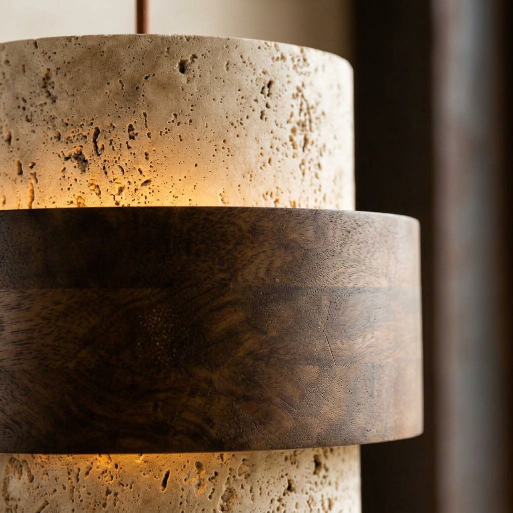 Elara Haus Pitted Stone Pendant Lamp with Concentric Wood Ring Accent