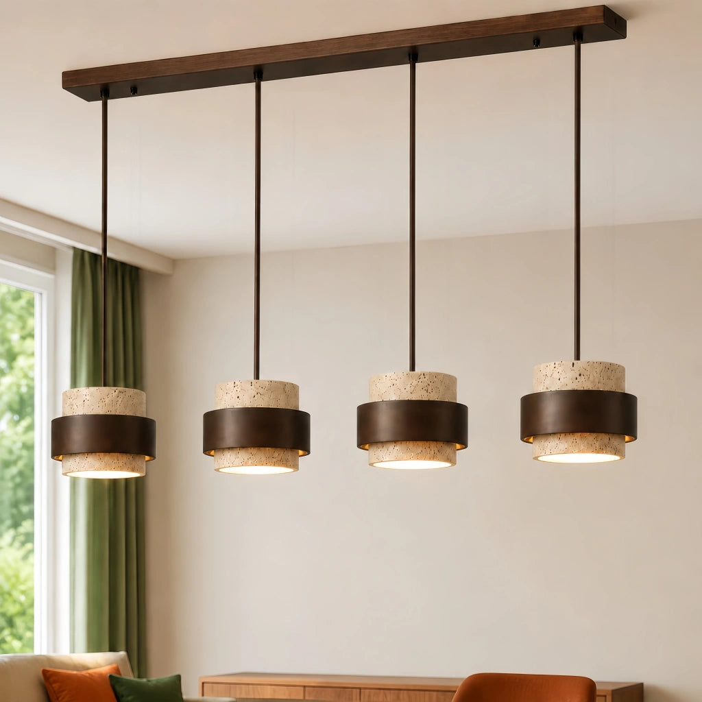 Orvina Wabi-Sabi Natural Travertine Cylinder Pendant Light - Japandi Stone Kitchen Island 1