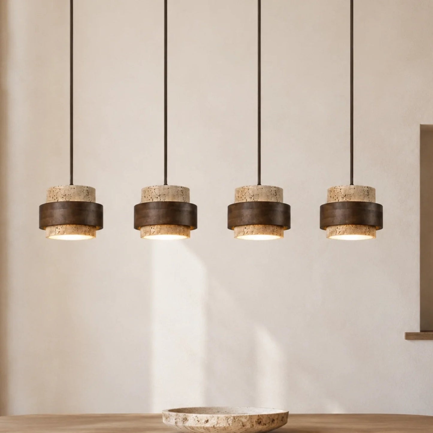 Orvina Wabi-Sabi Natural Travertine Cylinder Pendant Light - Japandi Stone Kitchen Island 2