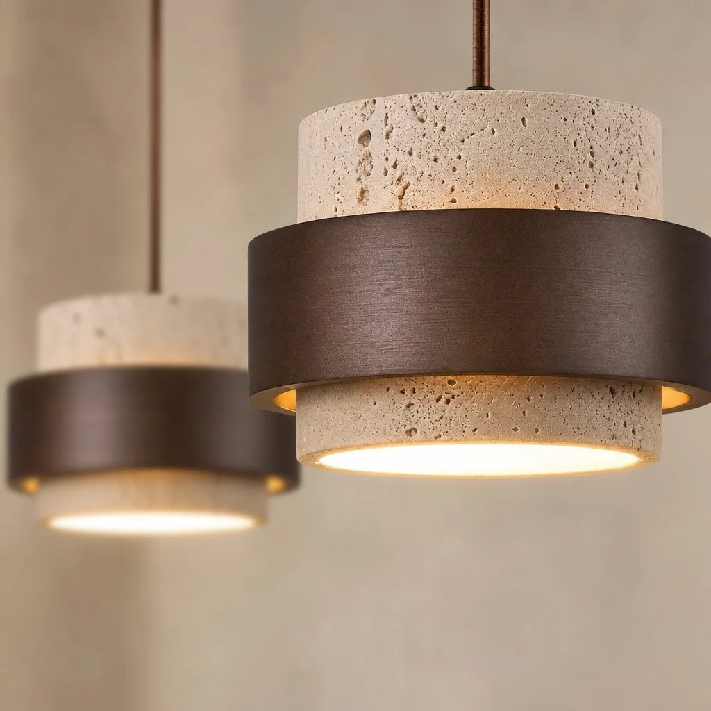 Orvina Wabi-Sabi Natural Travertine Cylinder Pendant Light - Japandi Stone Kitchen Island 3