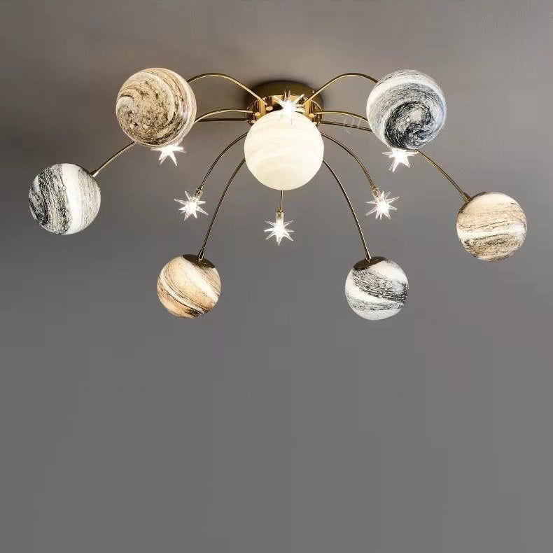 Contemporary Nordic Kids Iron Glass Ball Earth Planet 13-Light Semi-Flush Mount Ceiling Light For Bedroom 6