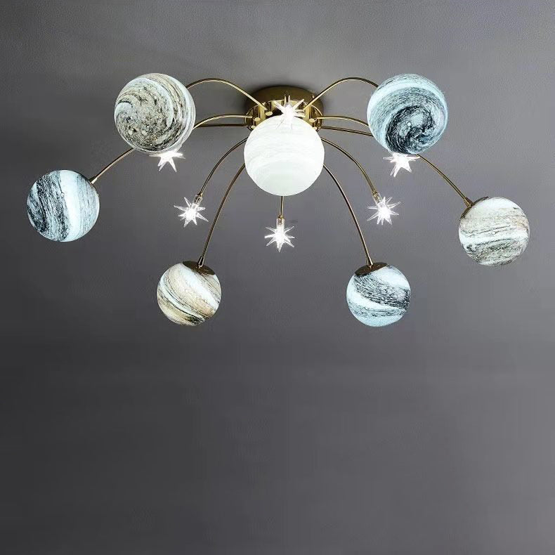 Contemporary Nordic Kids Iron Glass Ball Earth Planet 13-Light Semi-Flush Mount Ceiling Light For Bedroom 7