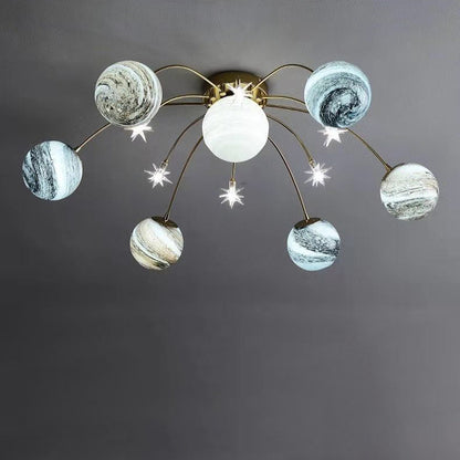 Contemporary Nordic Kids Iron Glass Ball Earth Planet 13-Light Semi-Flush Mount Ceiling Light For Bedroom 7