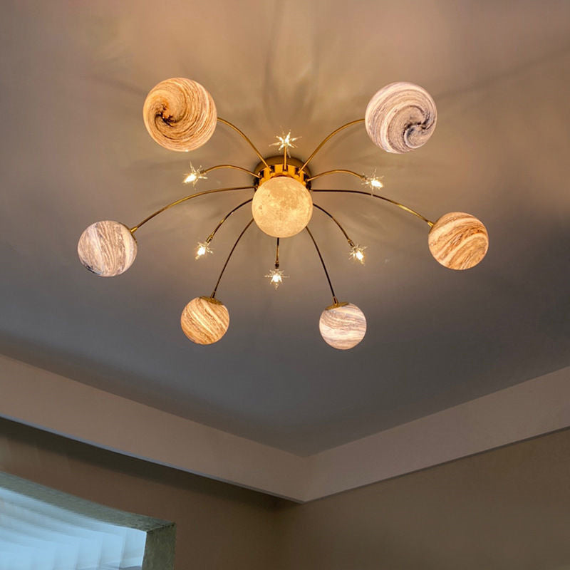Contemporary Nordic Kids Iron Glass Ball Earth Planet 13-Light Semi-Flush Mount Ceiling Light For Bedroom 1