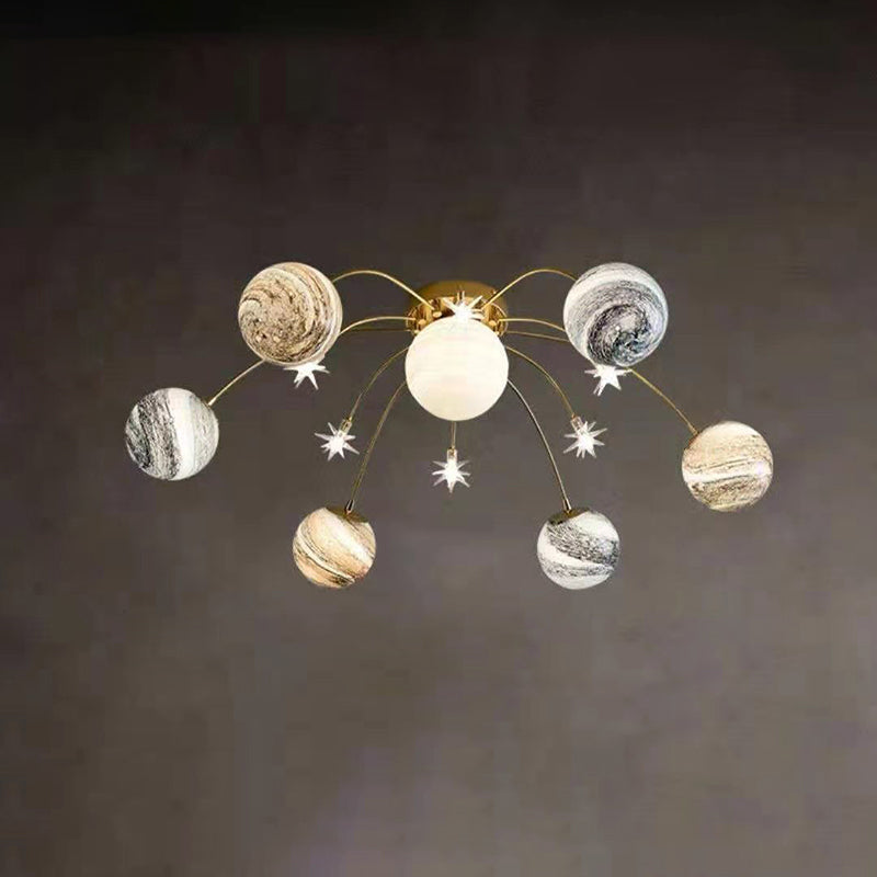 Contemporary Nordic Kids Iron Glass Ball Earth Planet 13-Light Semi-Flush Mount Ceiling Light For Bedroom 5