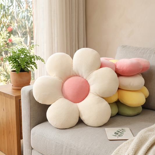 Elara Haus Plush Ribbed Corduroy Flower Decorative Cushion
