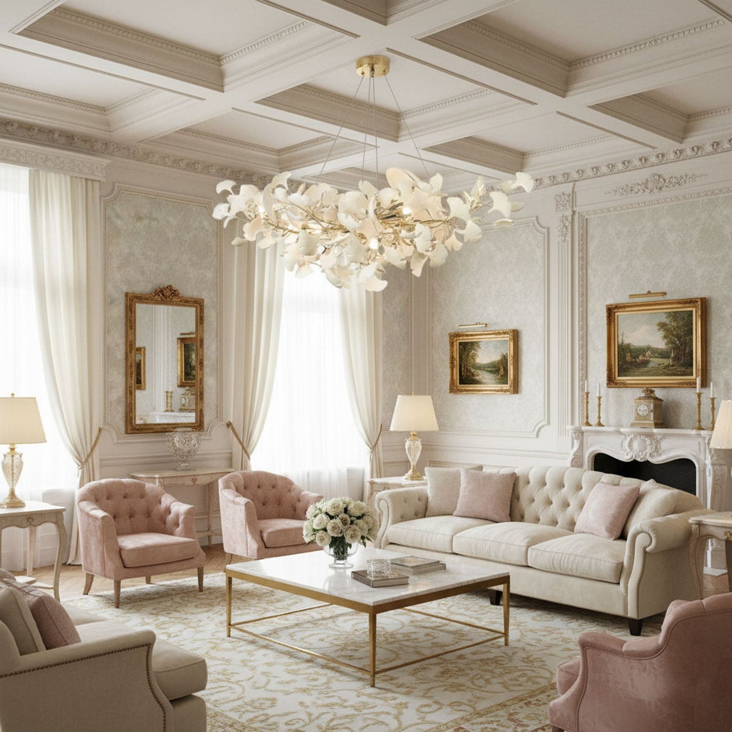 Elara Haus Porcelain Ginkgo Leaf Chandelier - Luxury Brass Branch Pendant
