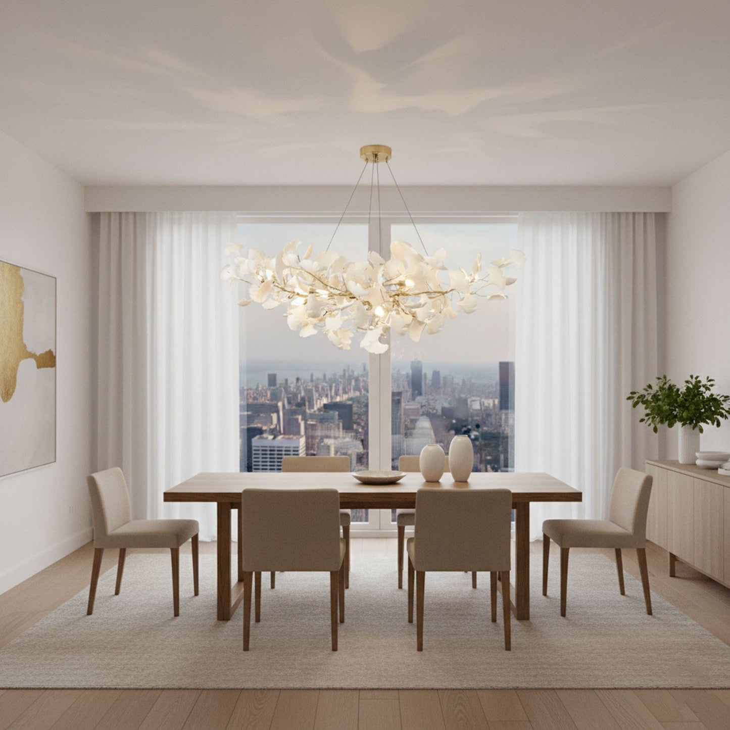Elara Haus Porcelain Ginkgo Leaf Chandelier - Luxury Brass Branch Pendant
