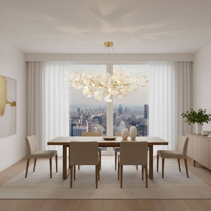 Elara Haus Porcelain Ginkgo Leaf Chandelier - Luxury Brass Branch Pendant