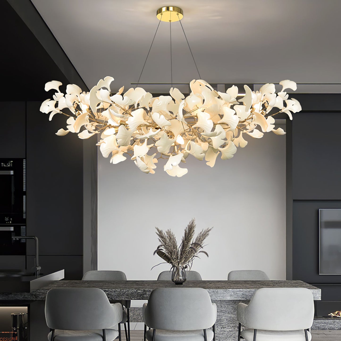 Elara Haus Porcelain Ginkgo Leaf Chandelier - Luxury Brass Branch Pendant