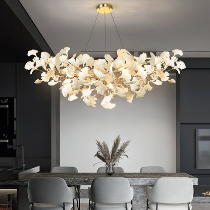 Elara Haus Porcelain Ginkgo Leaf Chandelier - Luxury Brass Branch Pendant