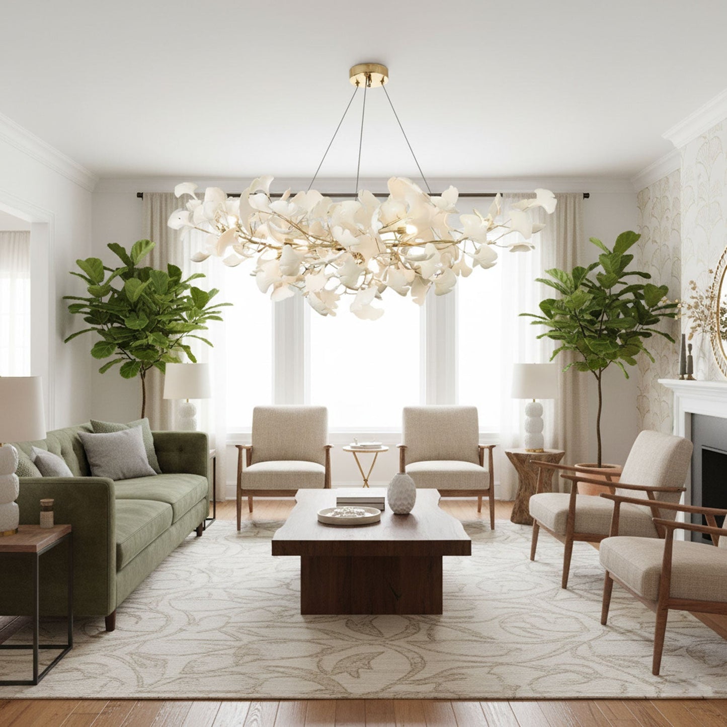 Elara Haus Porcelain Ginkgo Leaf Chandelier - Luxury Brass Branch Pendant