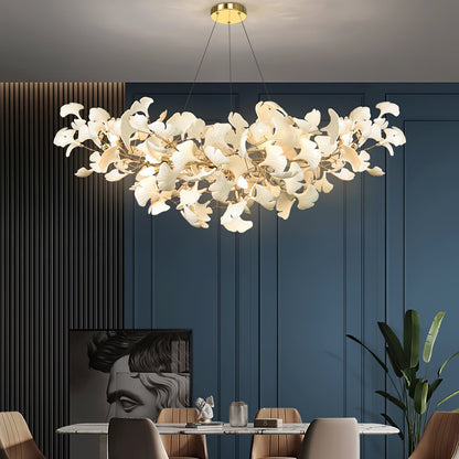 Elara Haus Porcelain Ginkgo Leaf Chandelier - Luxury Brass Branch Pendant
