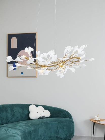 Elara Haus Porcelain Ginkgo Leaf Chandelier - Luxury Brass Branch Pendant