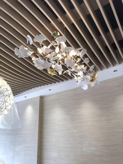 Elara Haus Porcelain Ginkgo Leaf Chandelier - Luxury Brass Branch Pendant