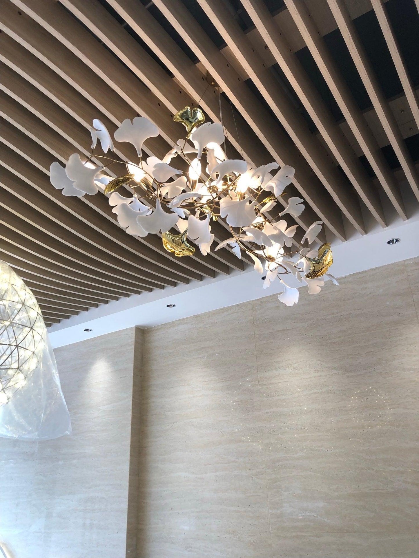Elara Haus Porcelain Ginkgo Leaf Chandelier - Luxury Brass Branch Pendant