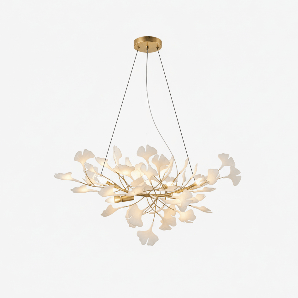 Elara Haus Porcelain Ginkgo Leaf Chandelier - Luxury Brass Branch Pendant