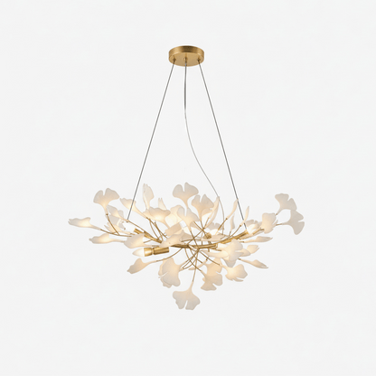 Elara Haus Porcelain Ginkgo Leaf Chandelier - Luxury Brass Branch Pendant