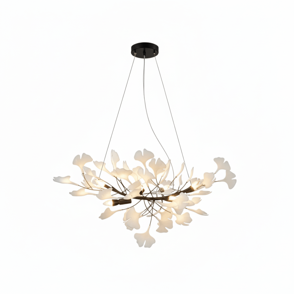 Elara Haus Porcelain Ginkgo Leaf Chandelier - Luxury Brass Branch Pendant